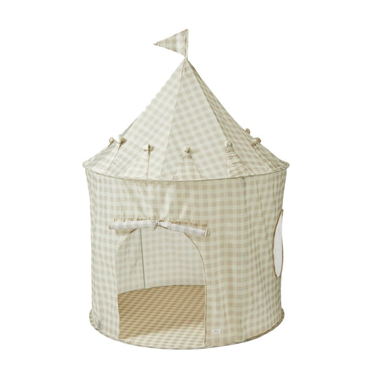 3 Sprouts play tent front-view in gingham beige, spacious entry for easy access
