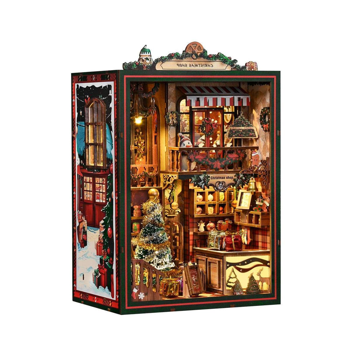 3DVASE Christmas book nook kit with laser-cut parts and festive glow for cozy reading corners