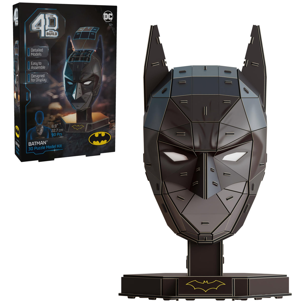 4D Build Batman Mask displayed on its stand for an eye-catching shelf decor piece.