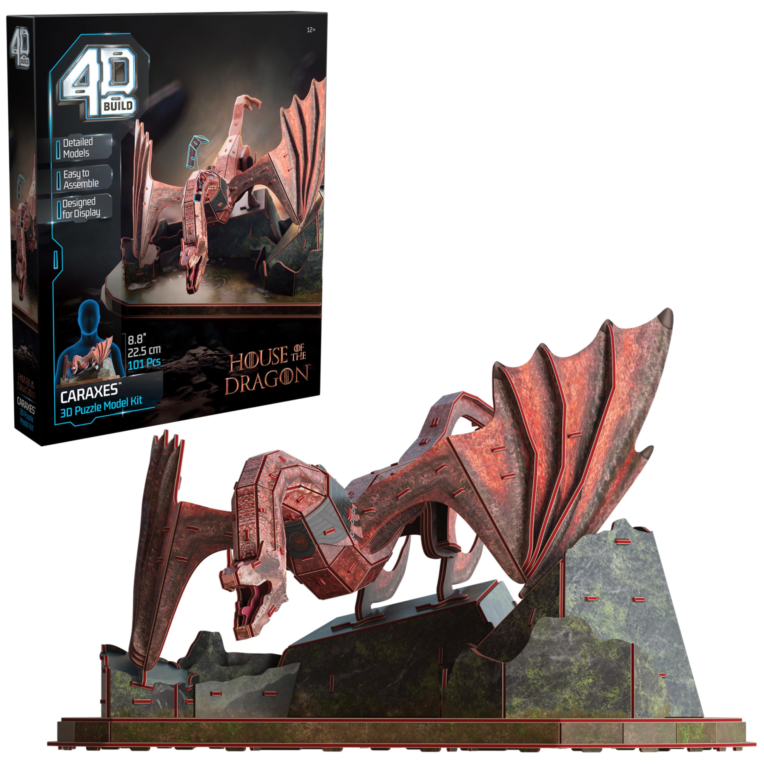 4D Build Caraxes dragon model on a stand for show-worthy shelf display