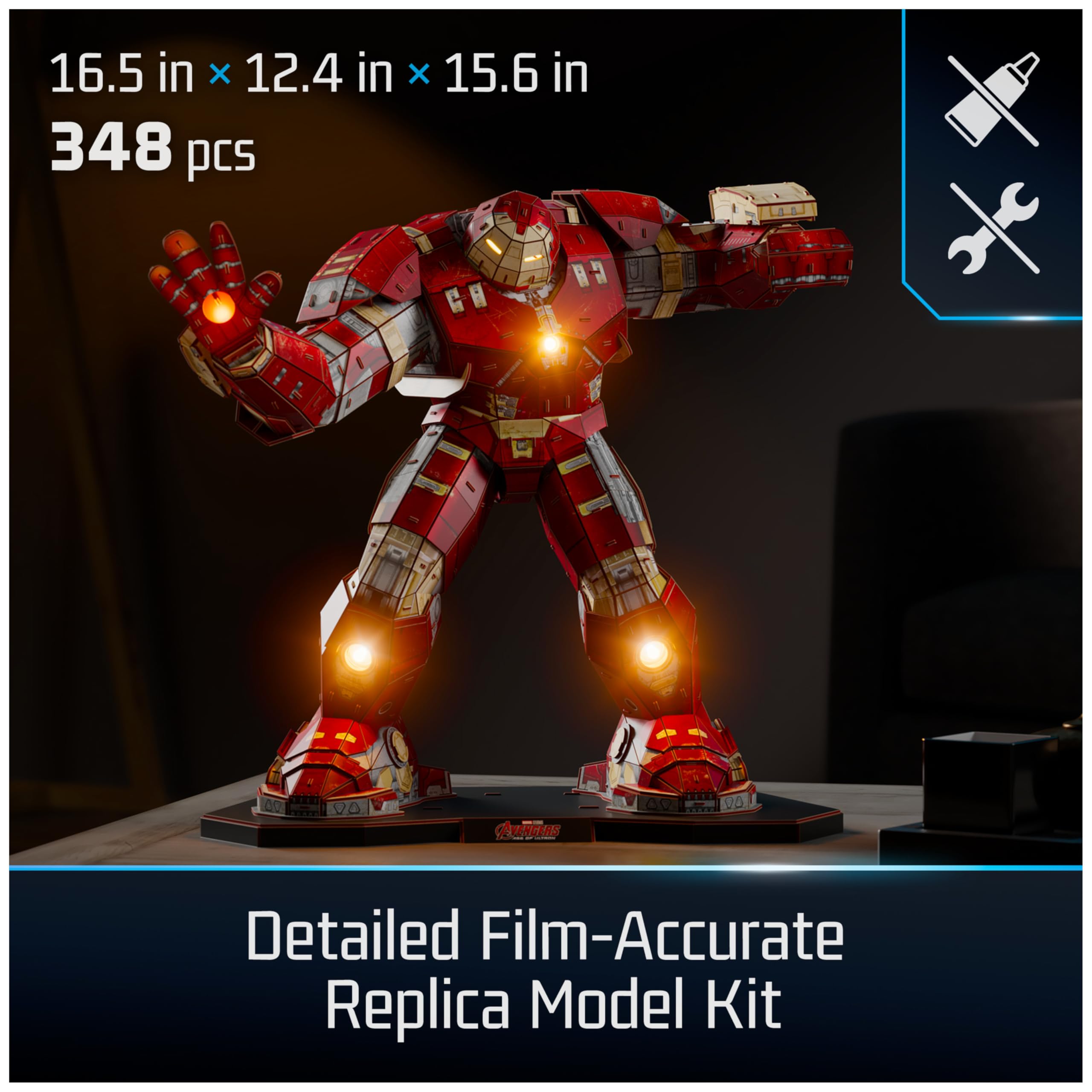 4D Build Hulkbuster shows five LED lights illuminating the finished model
