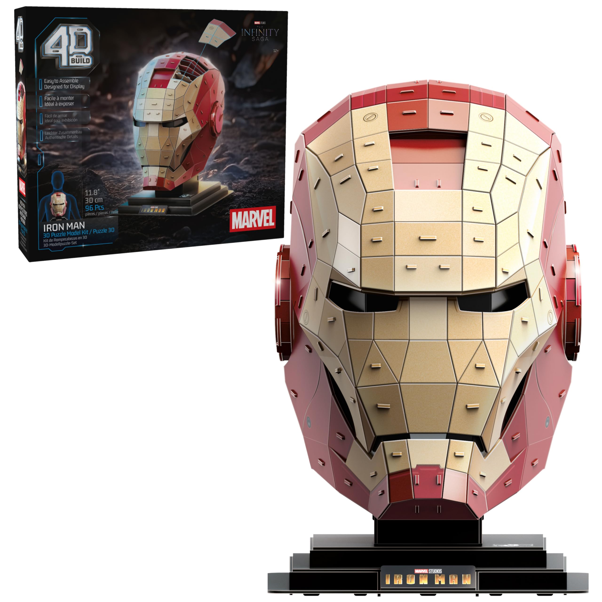 4D Build Iron Man helmet puzzle on stand for display decor.