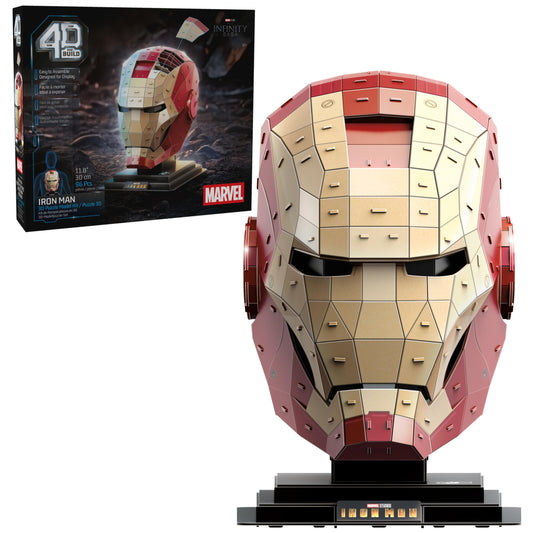 4D Build Iron Man helmet puzzle on stand for display decor.