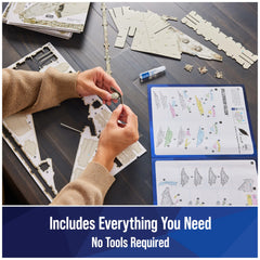 4D Build Millennium Falcon kit shows glue and stand included for easy setup.