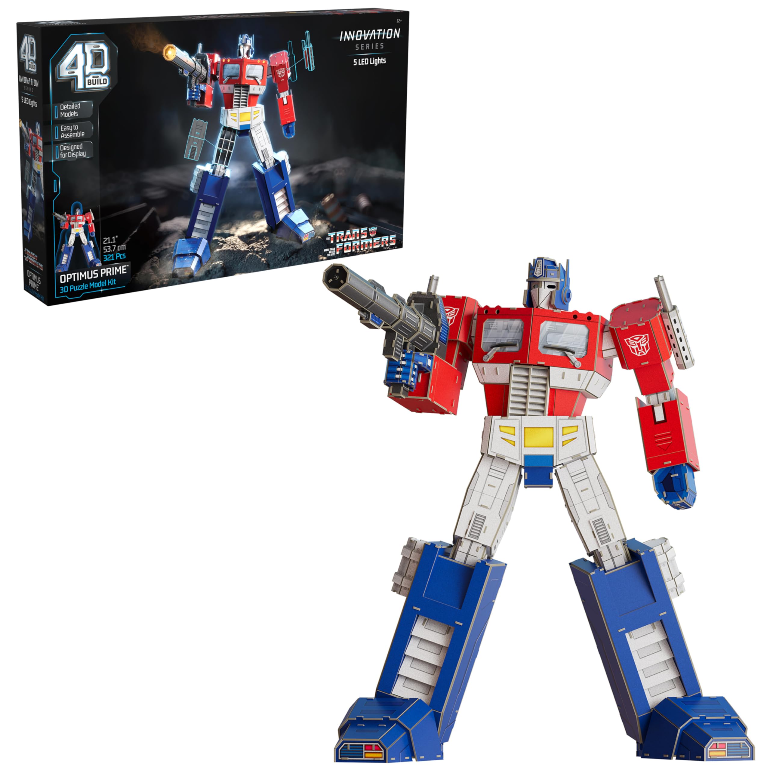 4D Build Optimus Prime LED model illuminates your shelf with a striking display piece