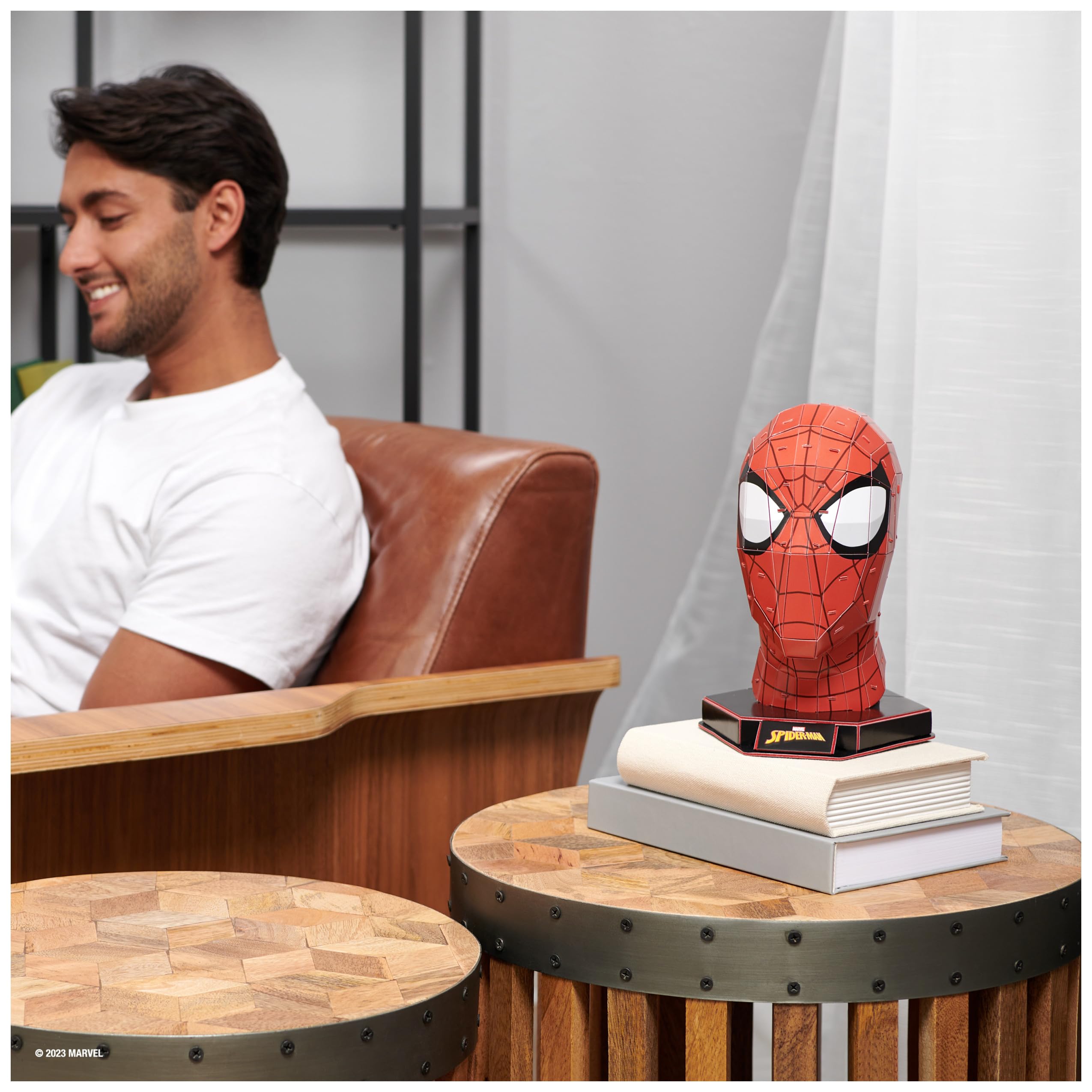 4D Build Spider-Man stand supports a steady desk display
