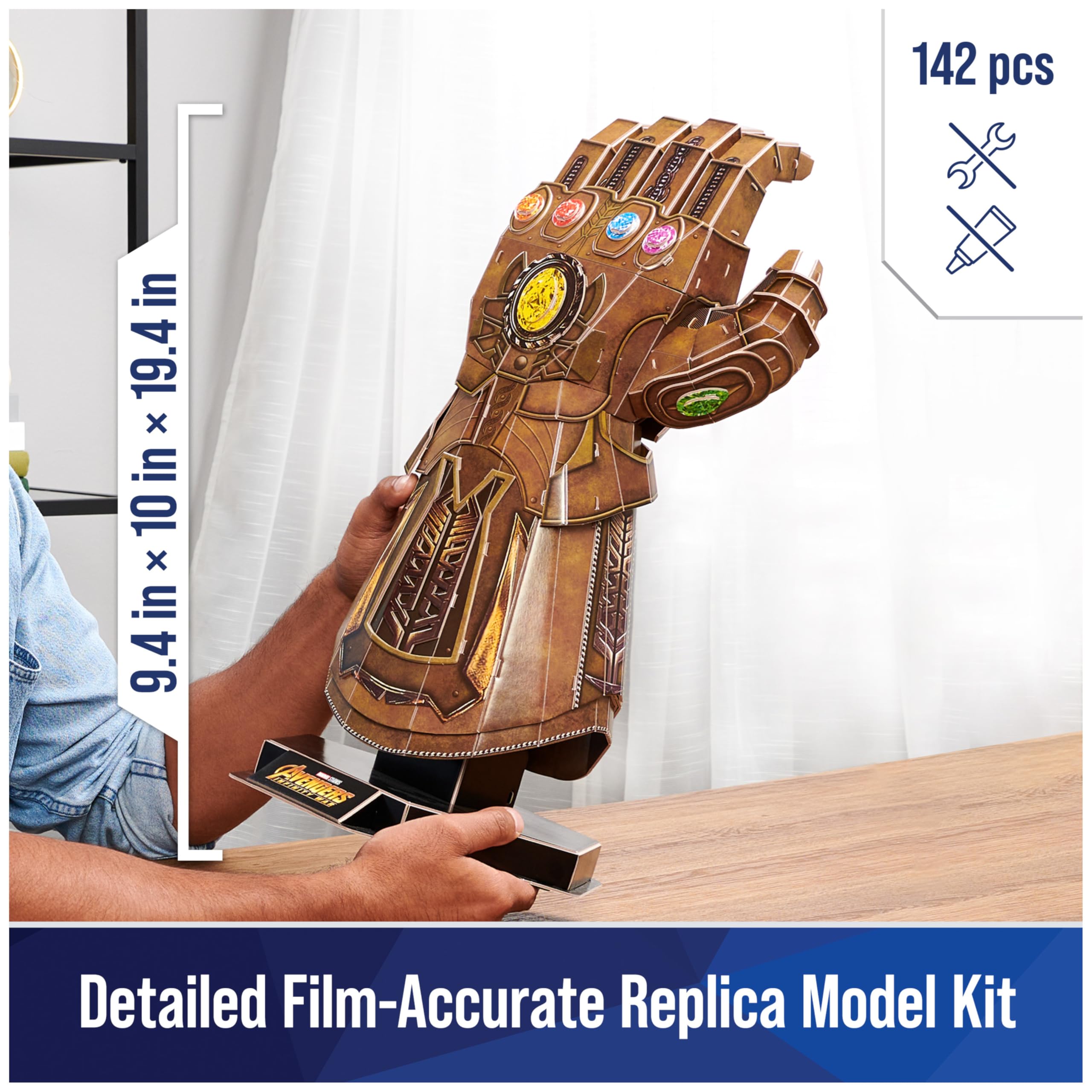 4D Build Thanos Infinity Gauntlet puzzle side view highlighting surface details for Marvel fans