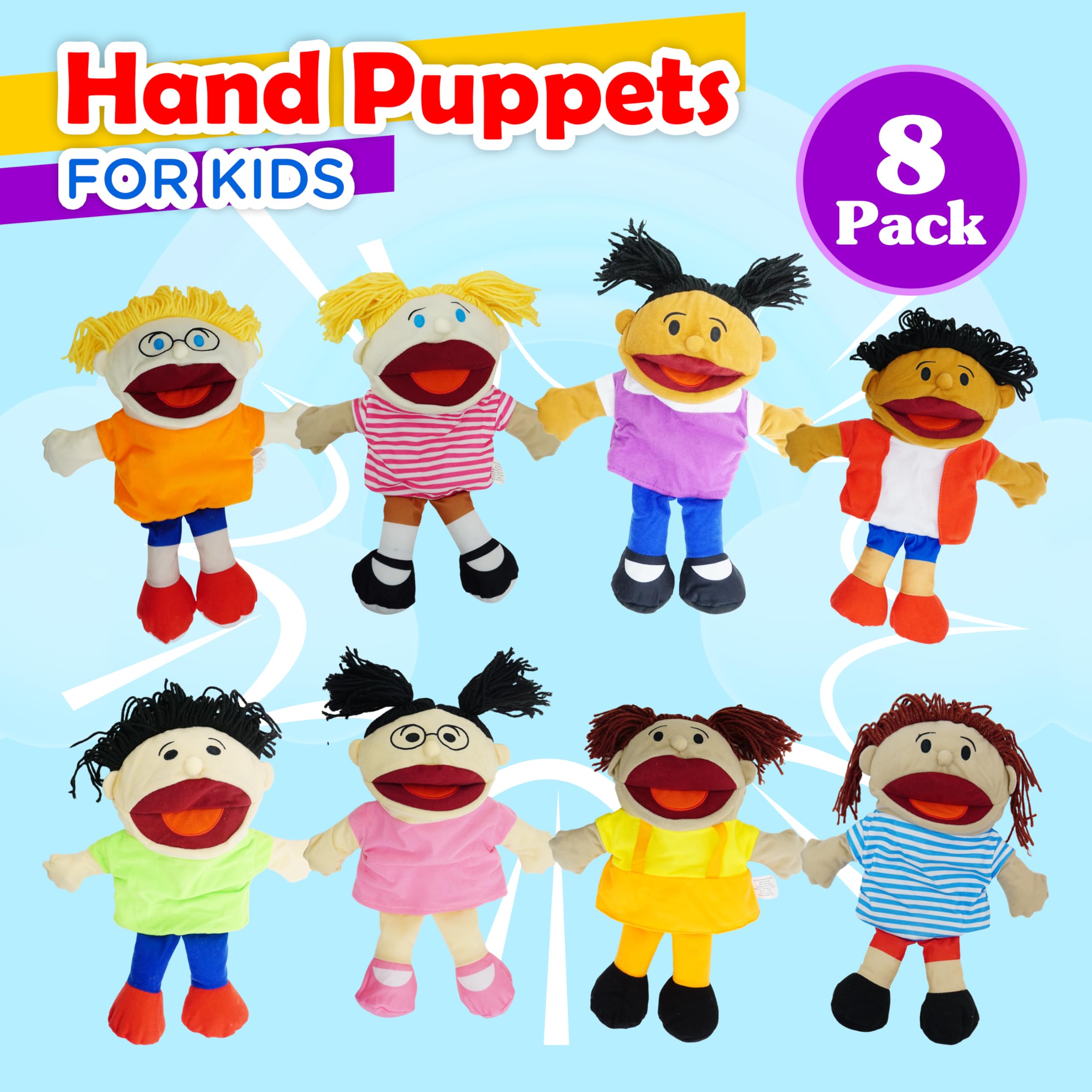 4E's Novelty puppets diverse skin tones and colorful outfits for cultural storytelling