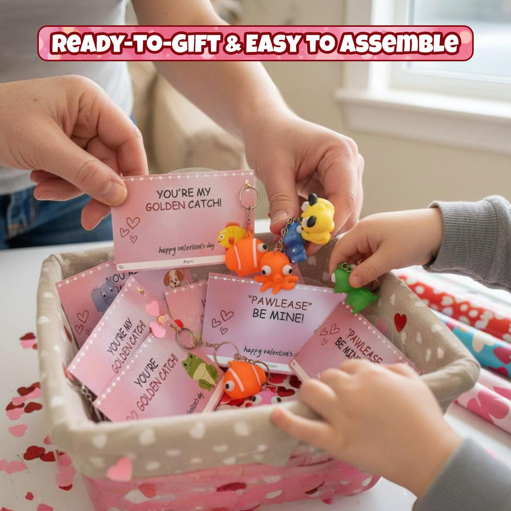Pop eye squeeze toy attached to a backpack friendly valentine card