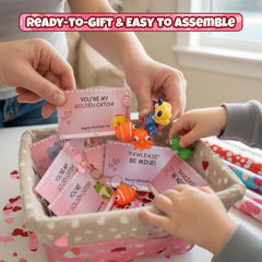 Pop eye squeeze toy attached to a backpack friendly valentine card