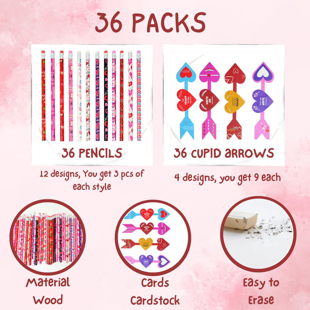 4E's Novelty Valentine cards and pencils packaged for bulk school gifts.
