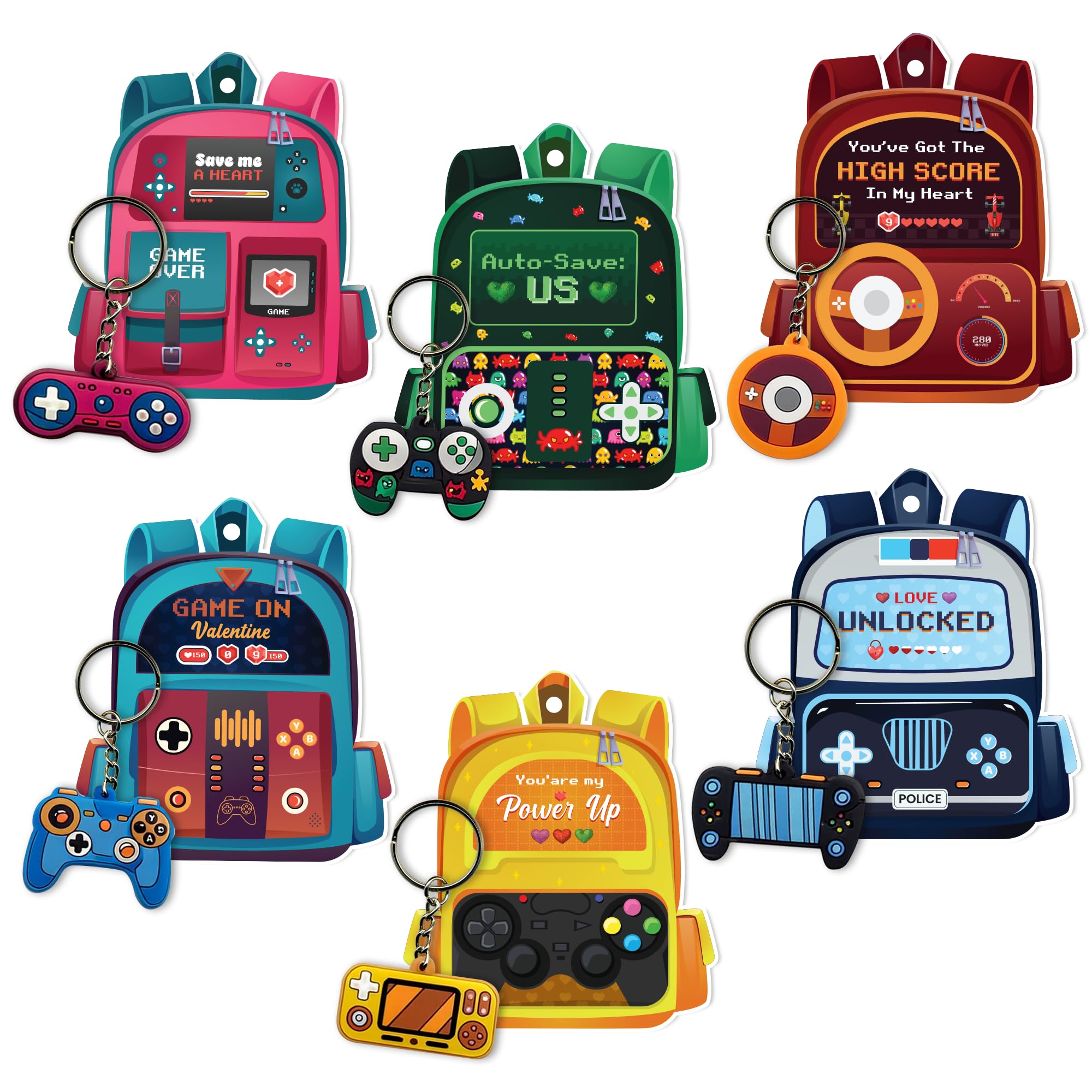 4E's Novelty video game valentines cards front design, bright visuals for classroom gift exchanges
