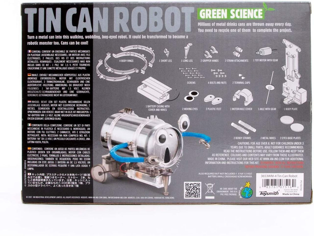 4M Tin Can Robot Kit kid assembling for hands-on learning.