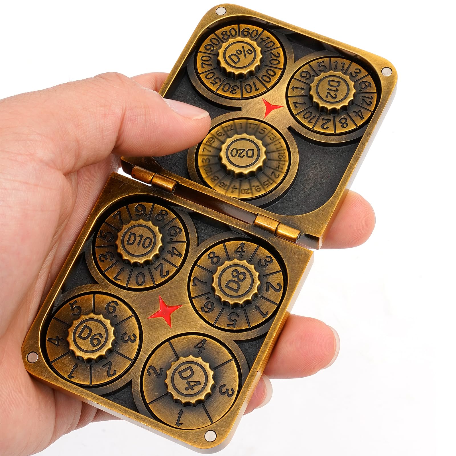 7-in-1 dice spinner compact disc shows all dice for travel-friendly gaming.