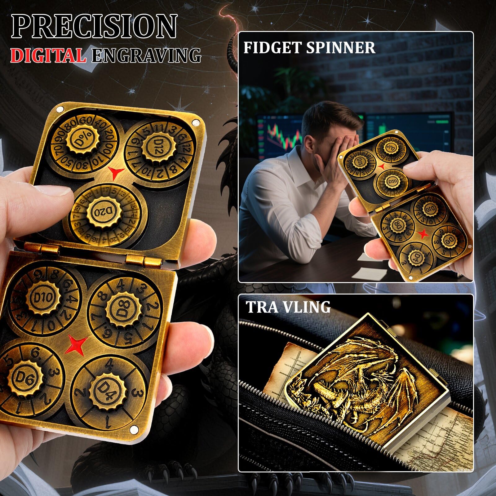 7-in-1 dice spinner metal construction withstands frequent use and travel.