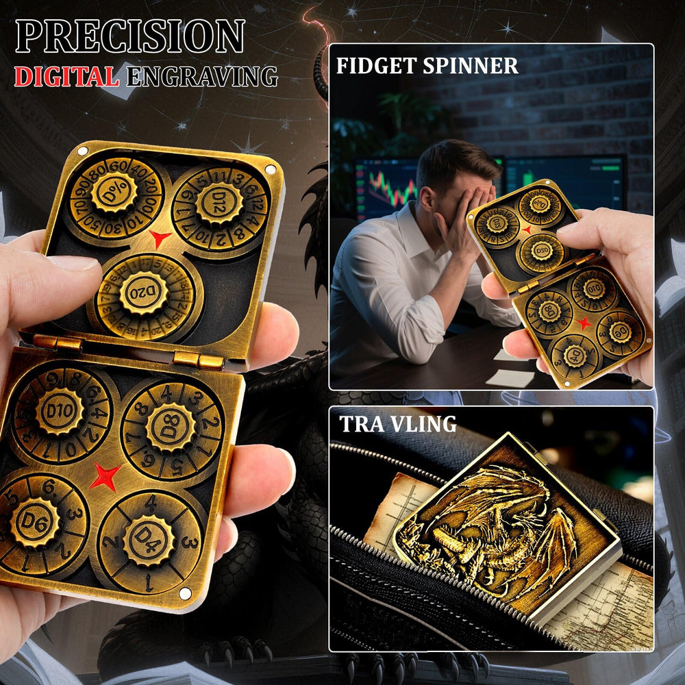 7-in-1 dice spinner metal construction withstands frequent use and travel.