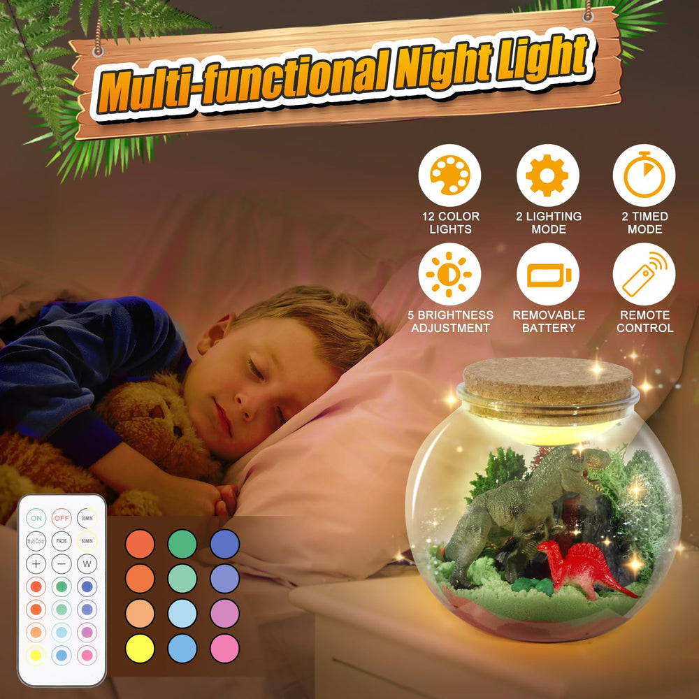 7july night light dinosaur terrarium glows softly at bedtime.