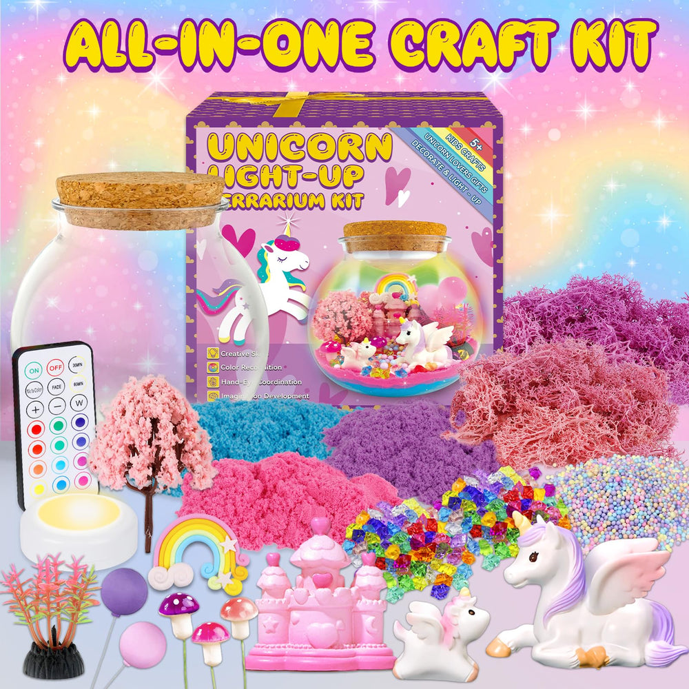 7july Unicorn Terrarium Kit LED night light with color options for bedtime ambiance.