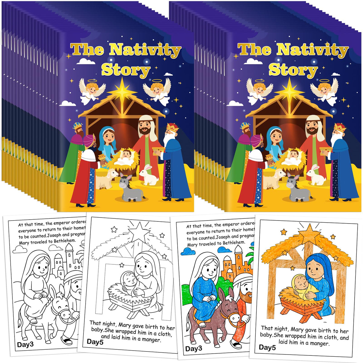 90shine 36-piece nativity coloring book set for classroom activities.