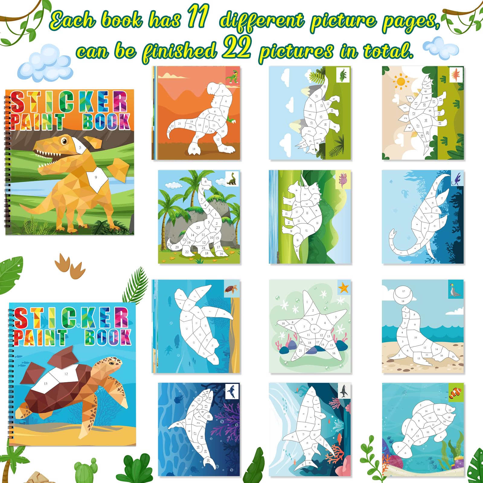 Open view of 90shine dinosaur-underwater sticker book showing numbered spaces for stickers.