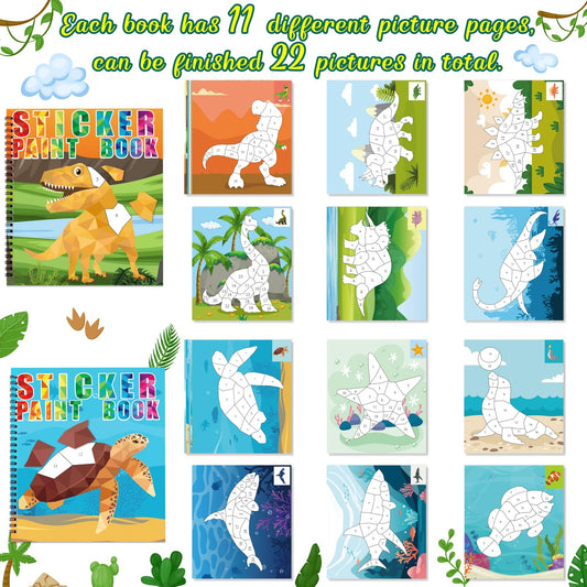 Open view of 90shine dinosaur-underwater sticker book showing numbered spaces for stickers.