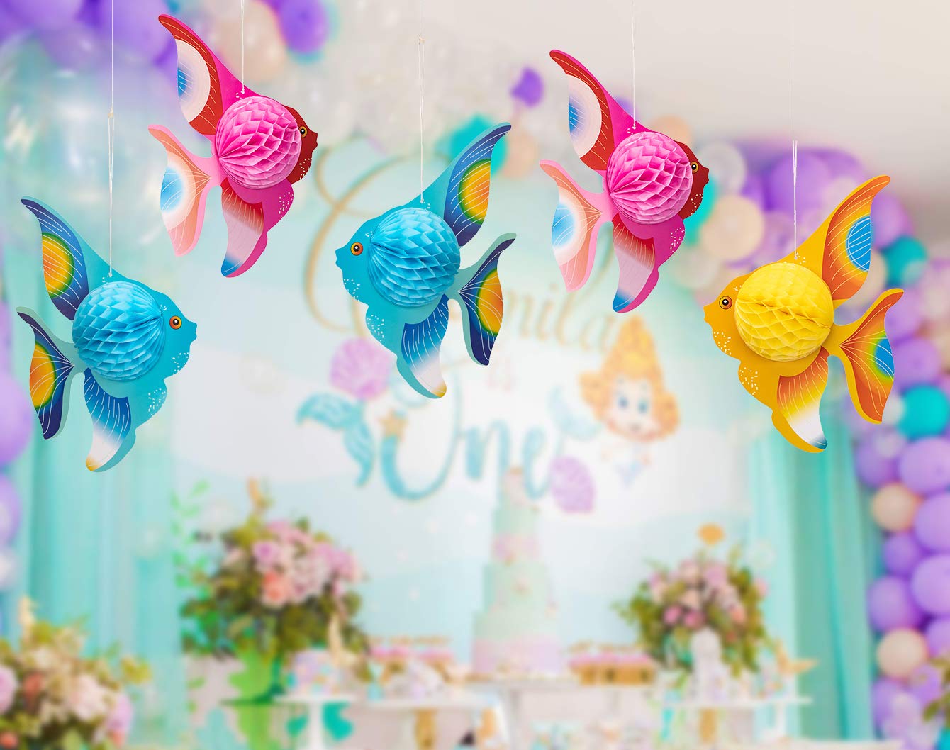 90shine tropical fish centerpiece in three colors ready to hang for easy party setup