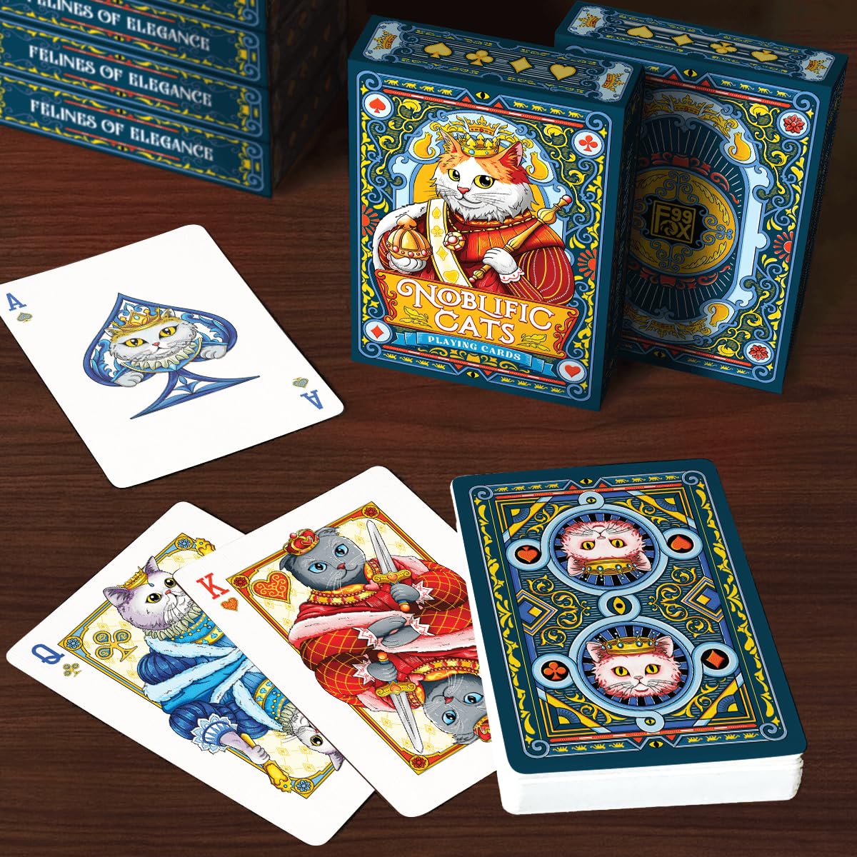 Close-up of 99FOX Noblific cats playing cards with linen finish for smooth shuffles