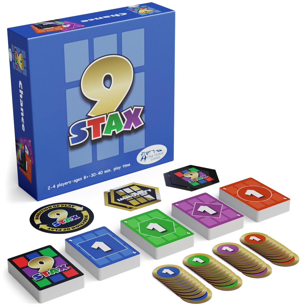 9Stax base game box contents ready for quick family play sessions.