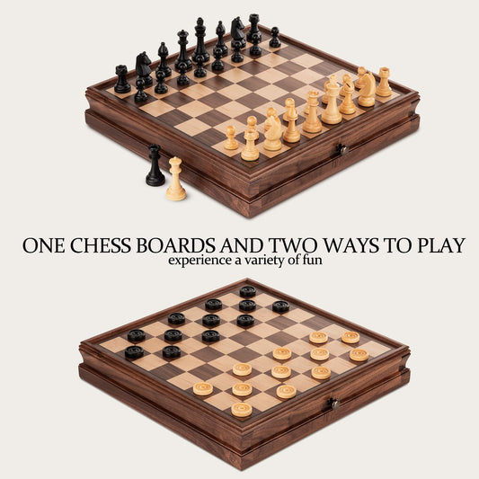 A&A chess set with storage drawer keeps pieces organized and dust-free.