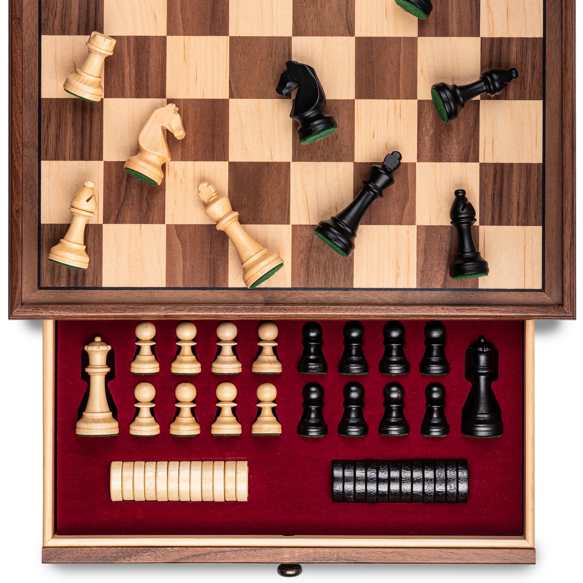 A&A wood chess board top view shows premium walnut and maple construction.