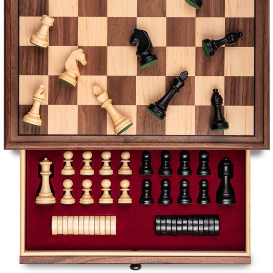 A&A wood chess board top view shows premium walnut and maple construction.