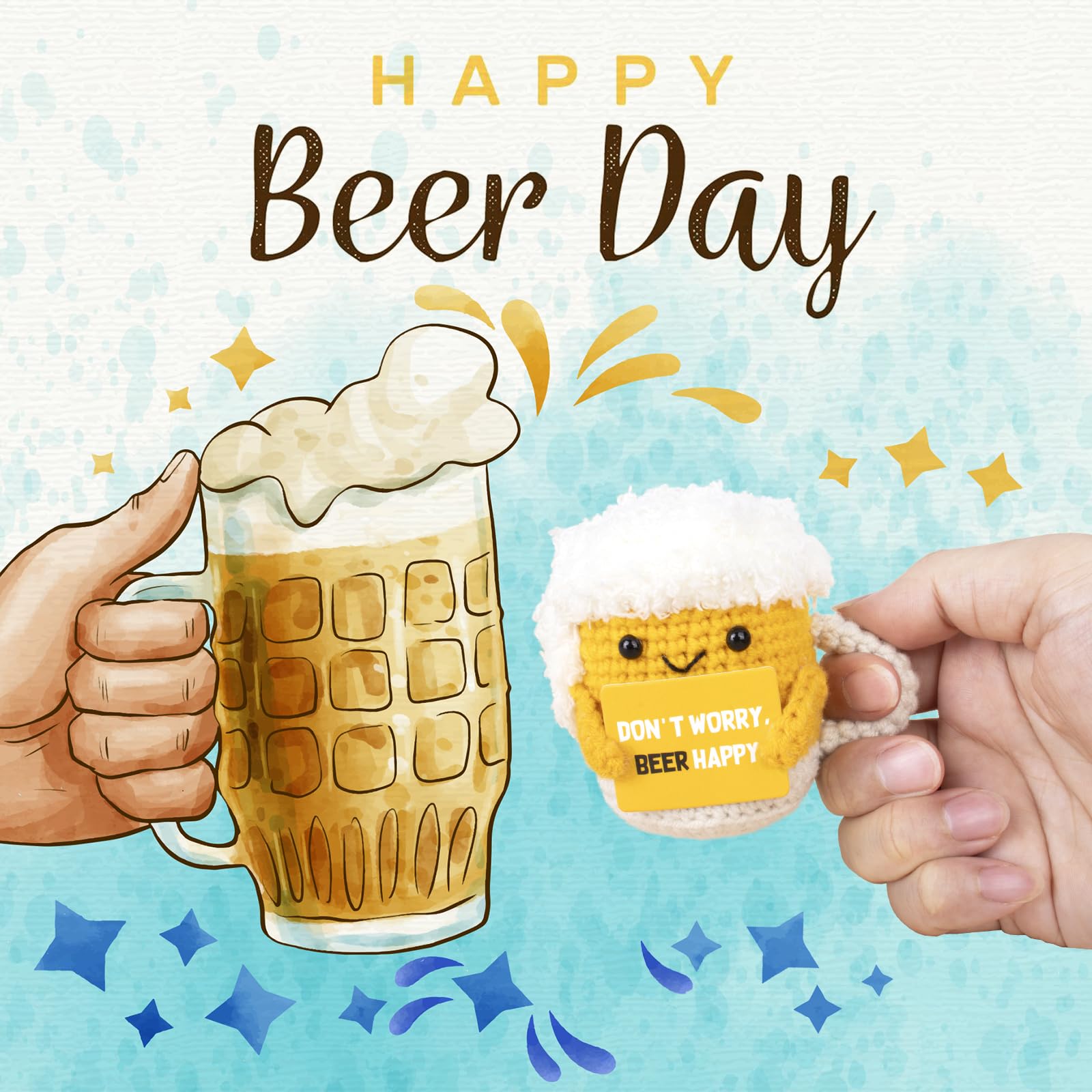A AIFAMY handmade beer crochet figure fits small displays and baskets