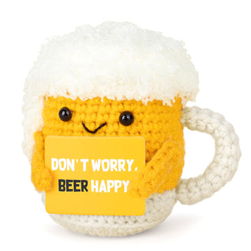 A AIFAMY positive beer crochet doll offers mood-boosting charm for desks