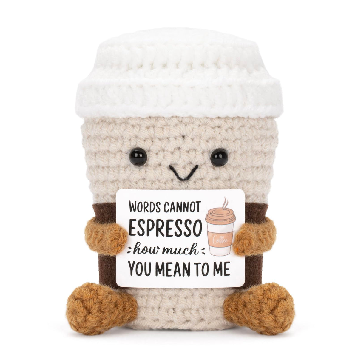 A AIFAMY Positive Coffee doll face close-up with cute expression and detailed stitching for desk display