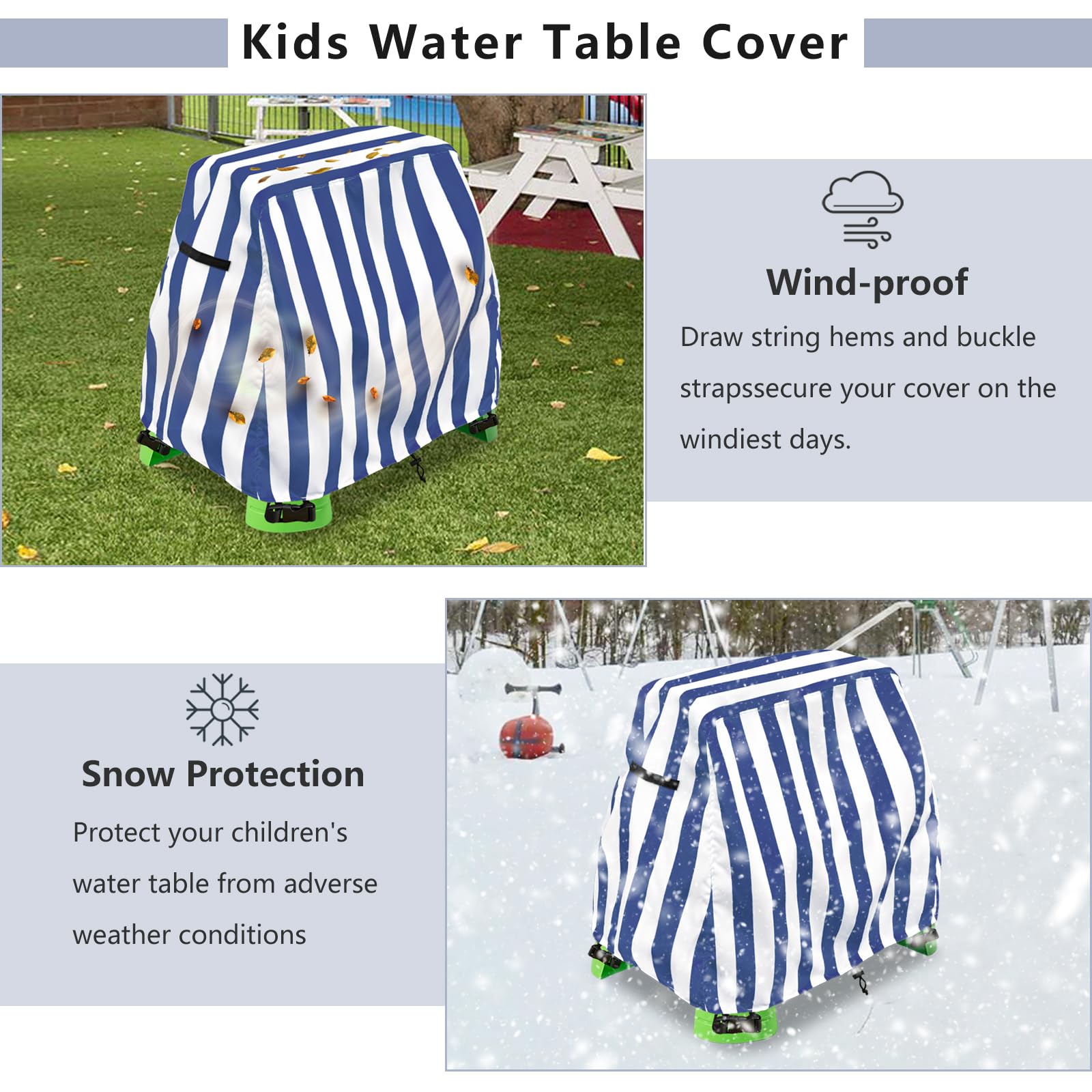 Aacabo water table cover features snap fasteners and a drawcord for wind resistance.