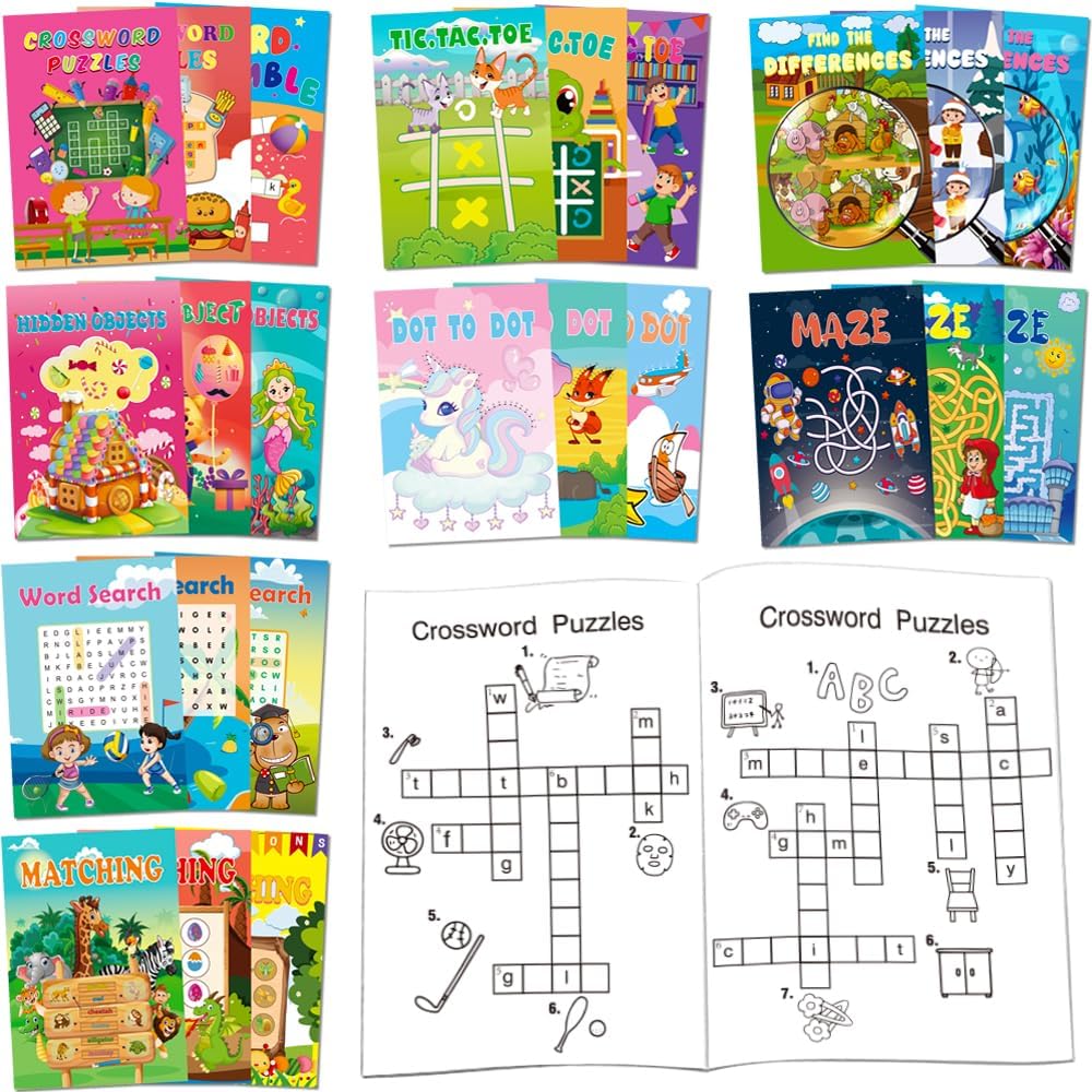 Aannanl 24pc mini activity books cover with vibrant designs for on-the-go entertainment.