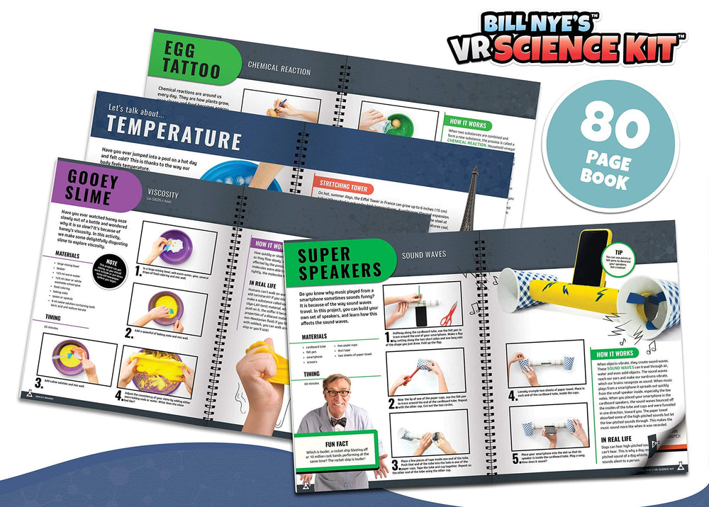 Abacus Brands Bill Nye VR box content image features 50-piece science toolkit.