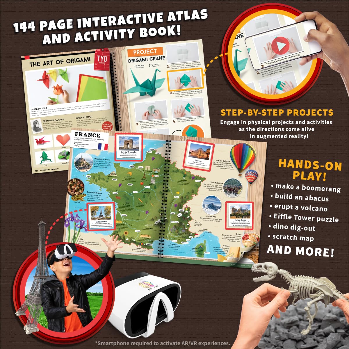 Abacus Brands Professor Maxwell's VR Atlas world pages showing topography and culture.