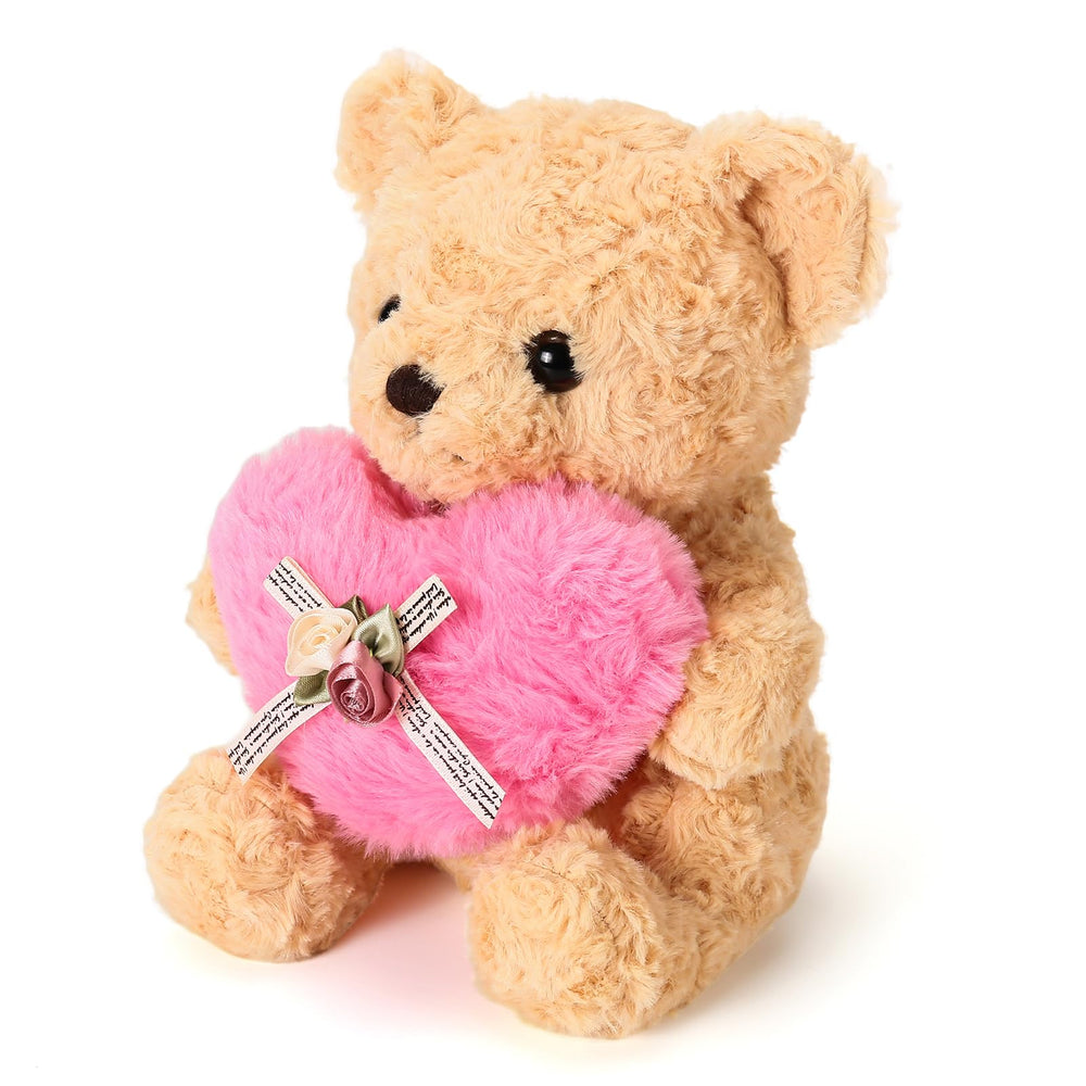 Close-up of pink heart bow and roses on ABEARCAR teddy, Valentine keepsake.