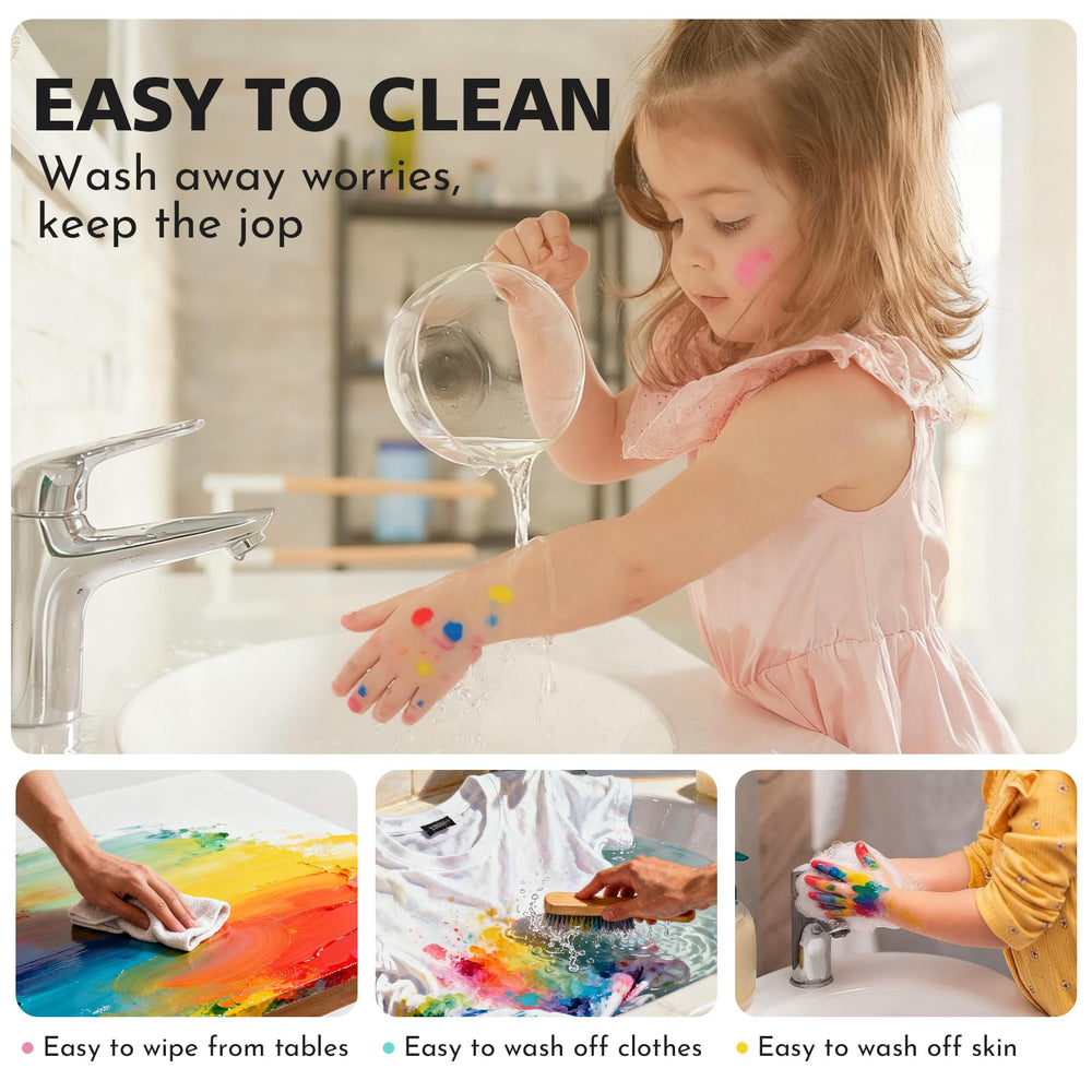ABEIER non toxic paint washes easily from skin and fabrics with water and soap.