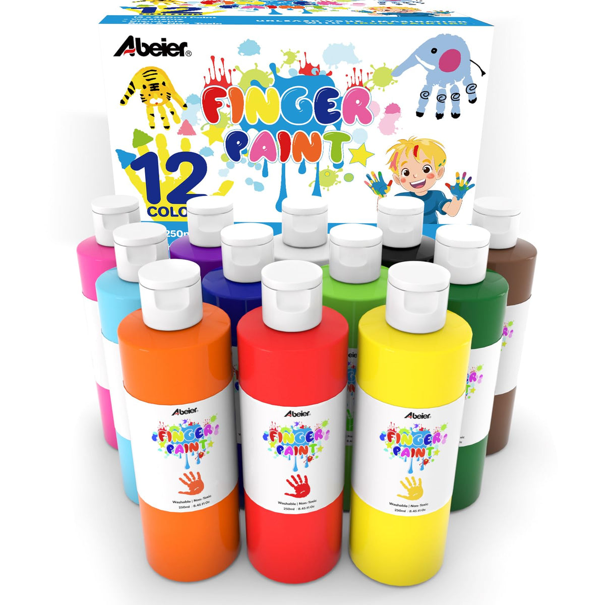 ABEIER washable finger paint set with 12 vibrant colors for safe, mess-free art sessions.