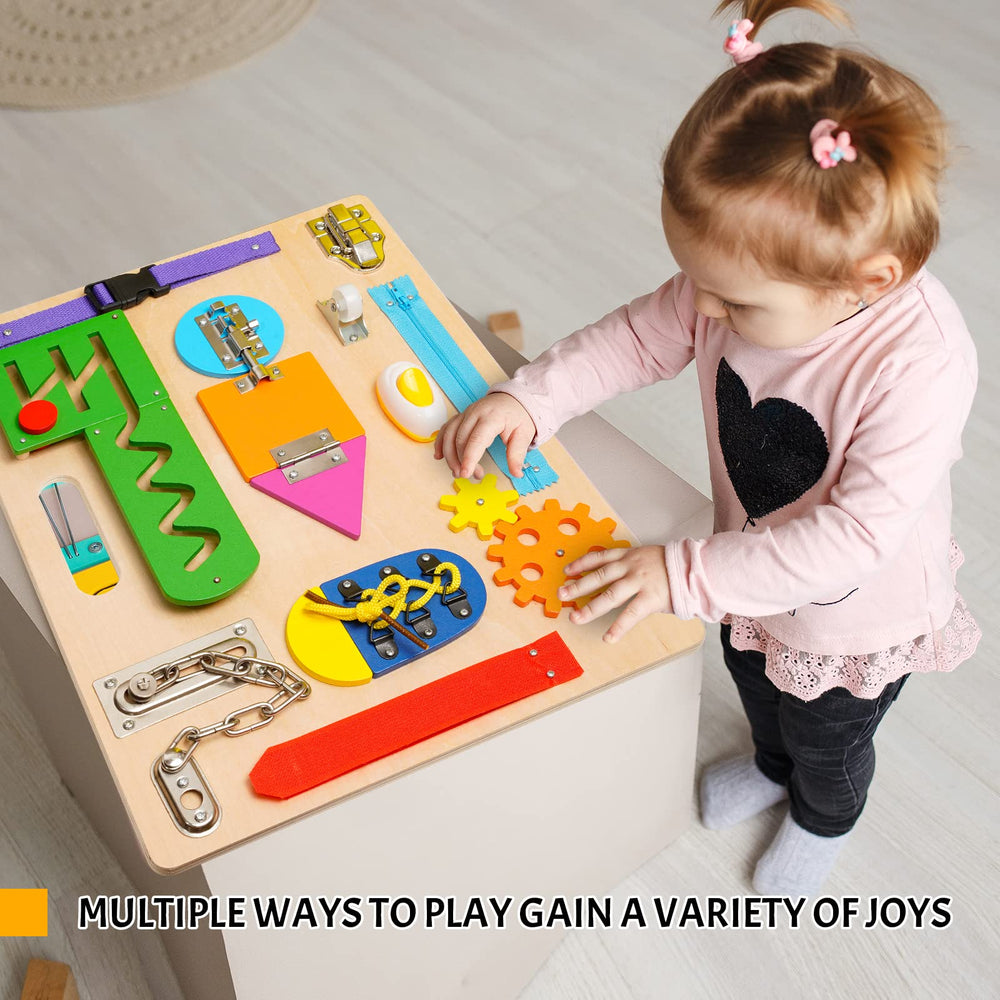 ABERLLS Busy Board protective wooden construction with smooth edges.