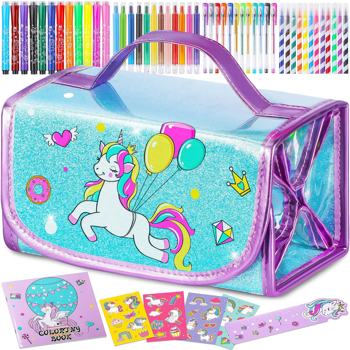 ABERLLS washable unicorn markers set in glitter pouch for mess-free coloring