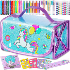 ABERLLS washable unicorn markers set in glitter pouch for mess-free coloring