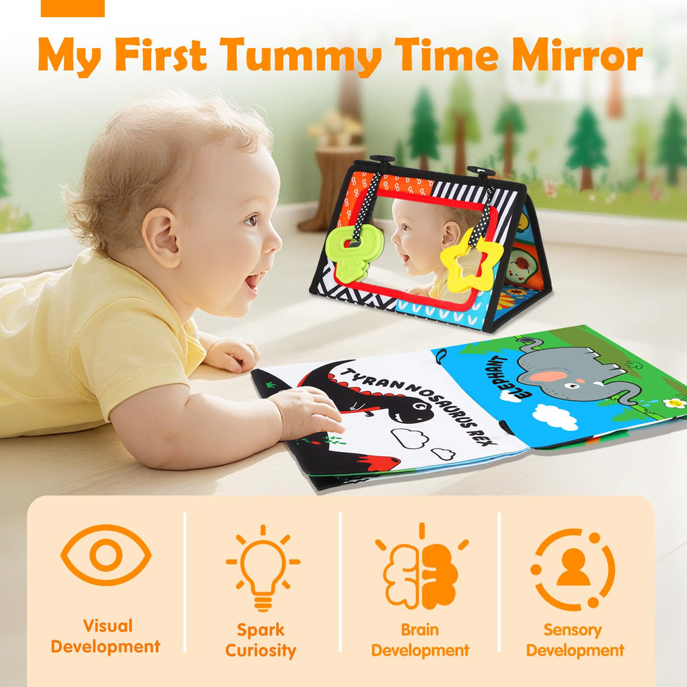 Aboosam baby mirror and cloth book encourages tactile exploration and auditory crinkle cues.