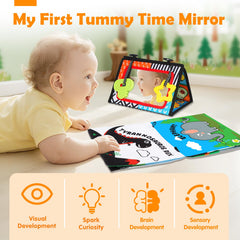 Aboosam baby mirror and cloth book encourages tactile exploration and auditory crinkle cues.