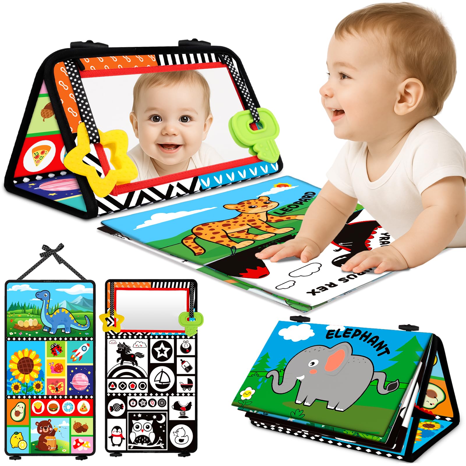 Aboosam tummy time toy with black-and-white patterns supports early visual focus during tummy time.