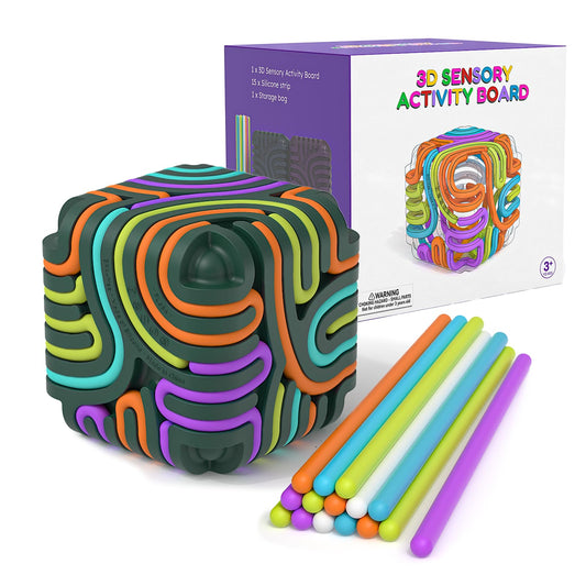 Accevo 3D Sensory Activity Board cube promotes tactile exploration and calm focus.