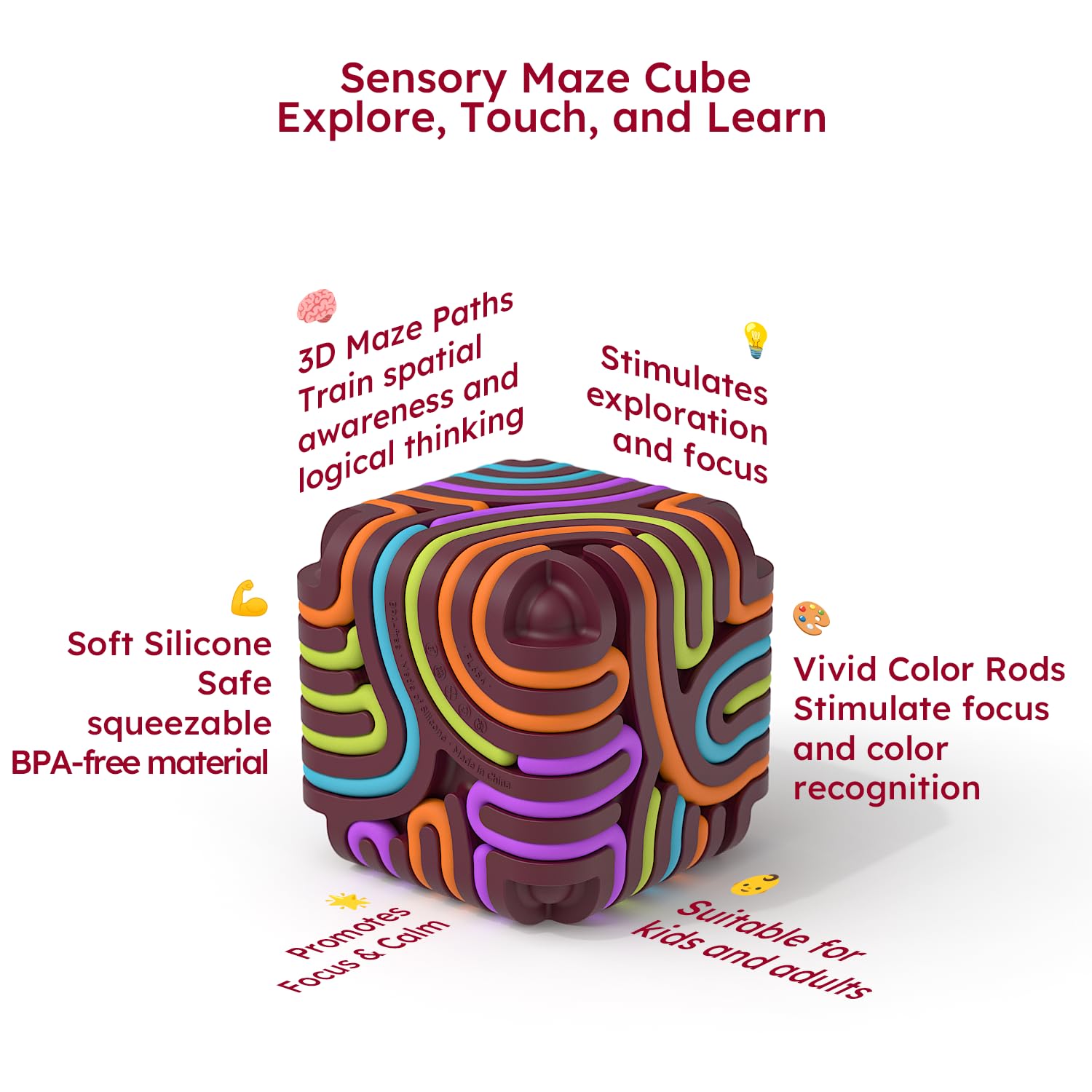 Accevo sensory cube with vibrant colors for calm, screen-free play.