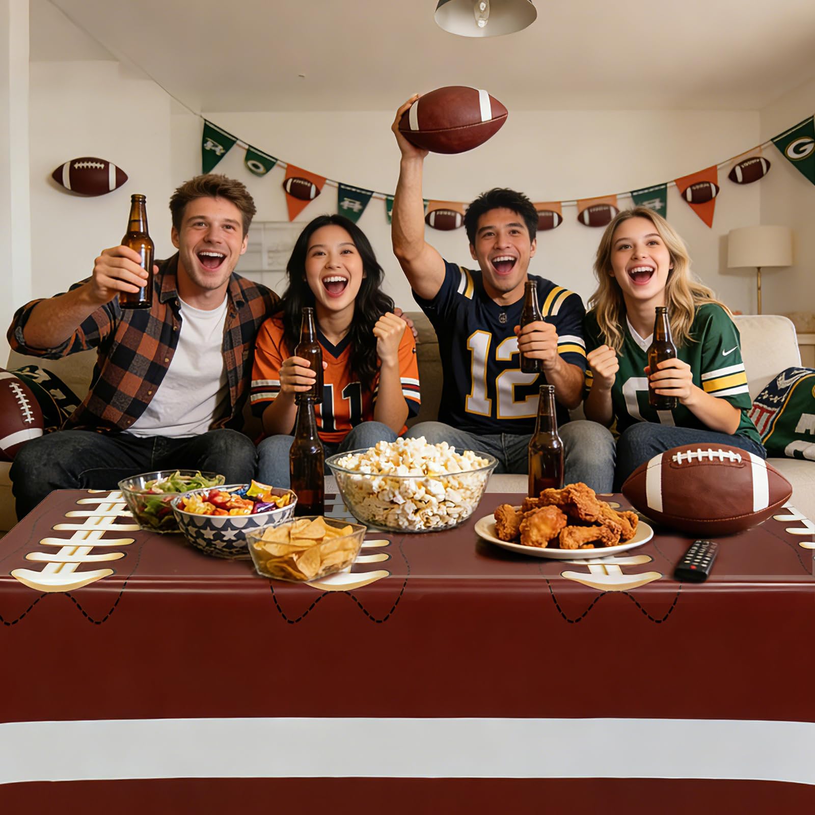Accevo football party decor on the dining table creates a cohesive game-day theme
